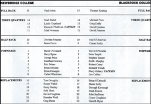 The program from the 1996 Leinster Schools Senior Cup Final – Gibney is No7 and captain for Blackrock, Geordan Murphy is outhalf for Newbridge and Brian O'Driscoll is No16 on the Blackrock subs.