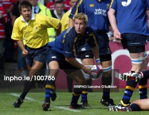 Brian O'Riordan in an August 2003 pre-season friendly. O'Riordan was a 185cm [6'1"] and 89kg [14st] scrum-half who had been a schools cricket international and made 14 starts for Ireland U21. No room at the Leinster inn though, even with the provinces dearth of home-grown options at No9.