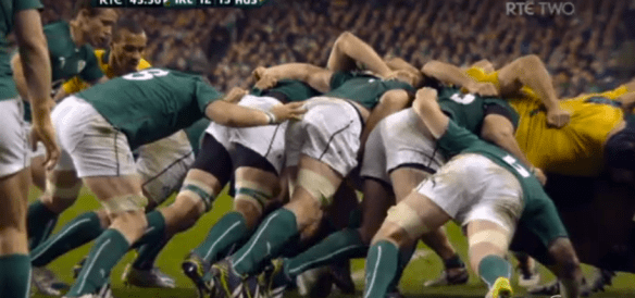 Ireland's right side of the scrum fragments, turning the ball over. Look at the composition of it though: Ross is in a decent position to push, but O'Mahony isn't giving him anything on the right and O'Connell's bind has already broken. It's like taking a drill to the mechanic and telling him the plug is broken because it won't work. Maybe it is the plug that's broken; then again, maybe the power cord is buggered and the plug itself is fine; or maybe it's the drill motor that's f*cked, and the plug and the cord are both in perfect working order. It's not always the plug's fault if the machine doesn't work. 