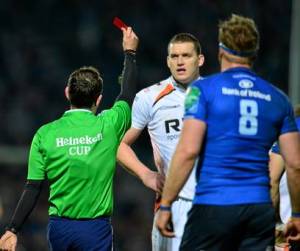 Romain Poite shows Ian Evans a red card for stamping on Mike McCarthy's head. Evans' subsequent 12-week ban has had significant repercussions for Warren Gatland's Wales. 